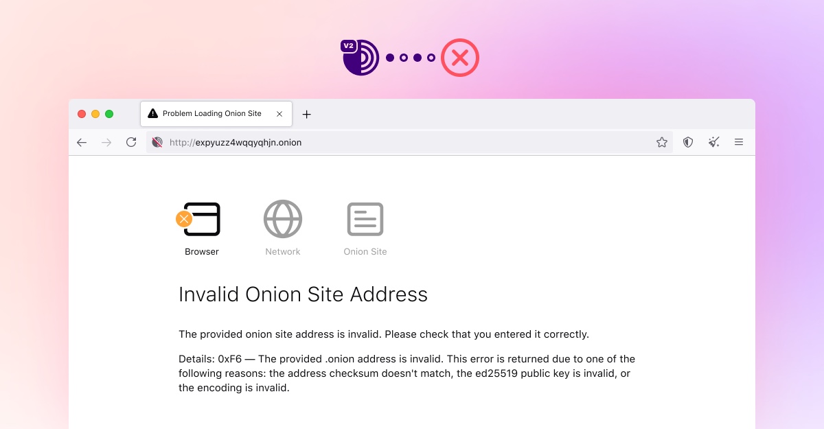 Erro de endereço de site Onion inválido resultante da descontinuação da v2