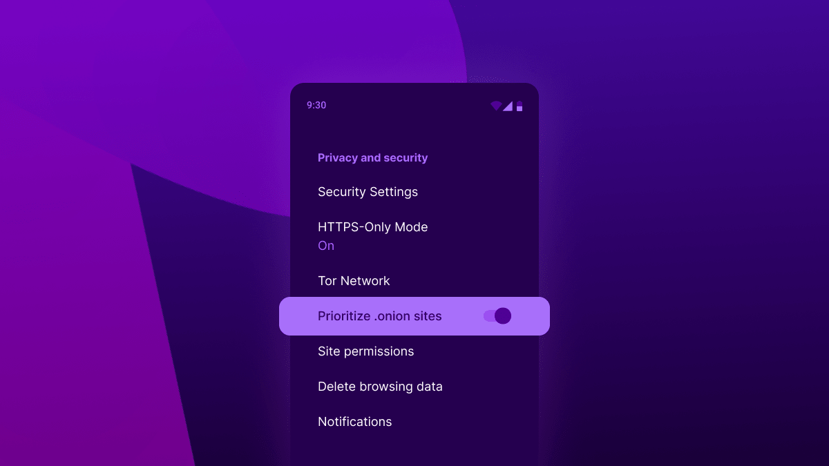 Visualisation de l'option permettant de donner la priorité aux sites en onion dans l'écran des paramètres de confidentialité et de sécurité du navigateur Tor sous Android