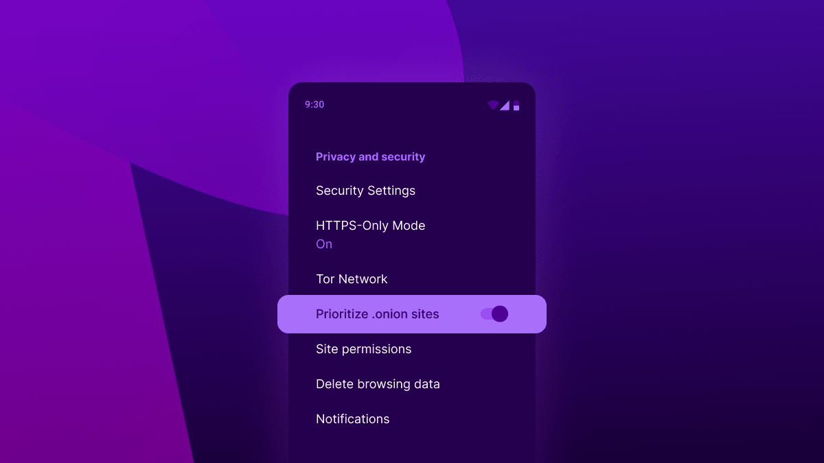 Візуалізацыя опцыі прыярытэзацыі onion-сайтаў на экране налад канфідэнцыйнасці і бяспекі Tor Browser для Android