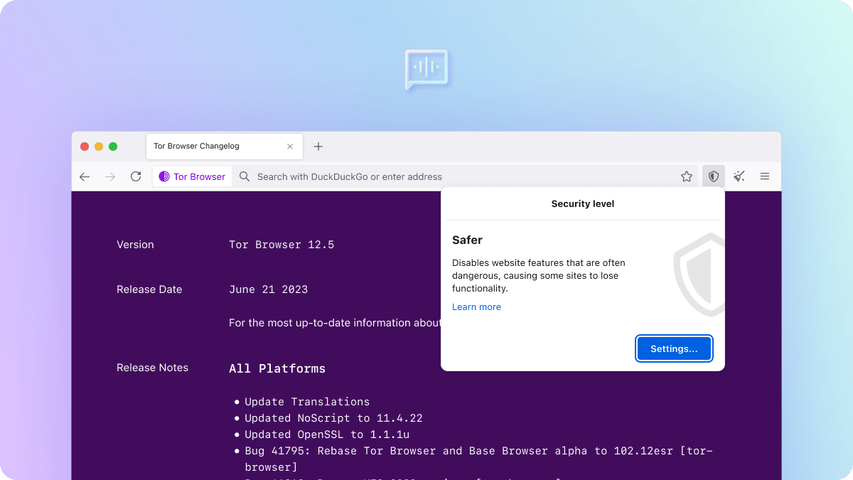 데스크톱용 Tor Browser에서 보안 수준 패널을 확장한 내부 변경 로그 스크린샷