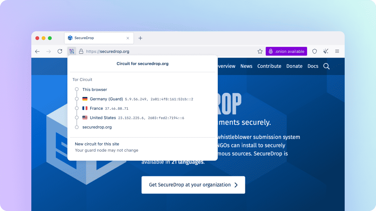 Ảnh chụp màn hình của màn hình hiển thị mạch nối đã được cập nhật cho securedrop.org trong Trình duyệt Tor Browser dành cho máy desktop