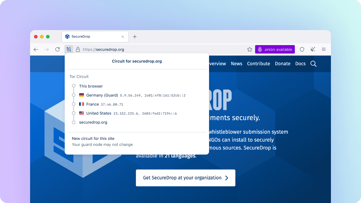 لقطة شاشة لعرض المسار المُحدَّث لموقع securedrop.org في متصفح تور للحاسوب