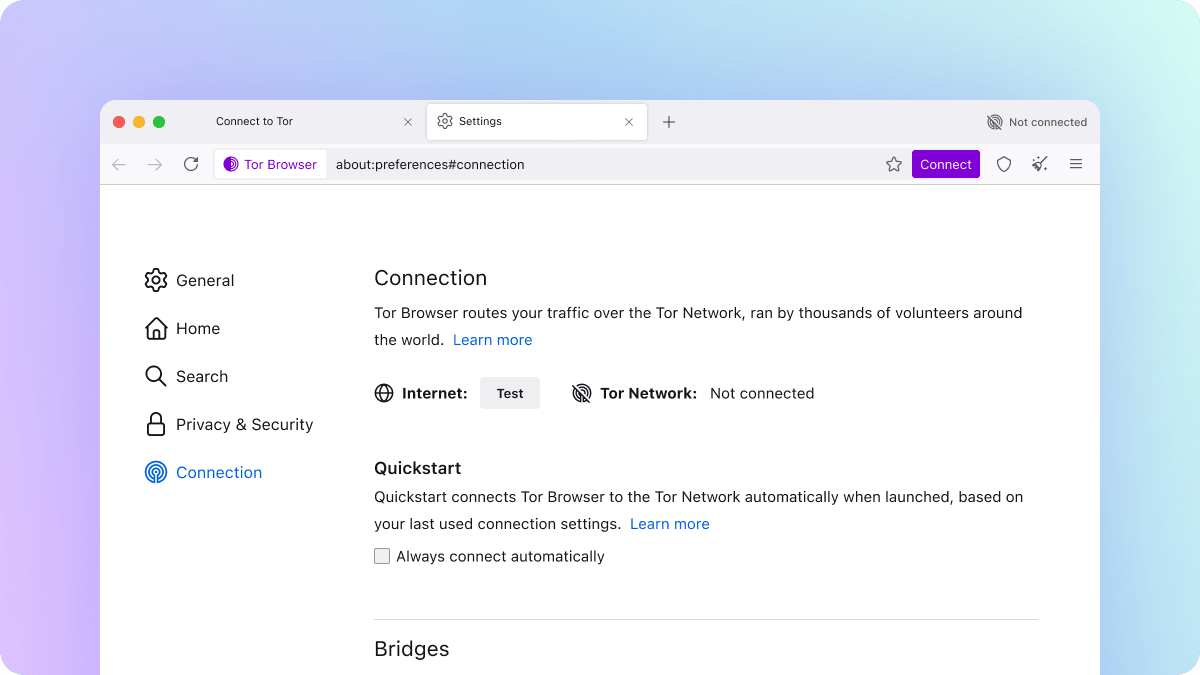 Captura de tela da guia Configurações de conexão antes de conectar no Navegador Tor para computador