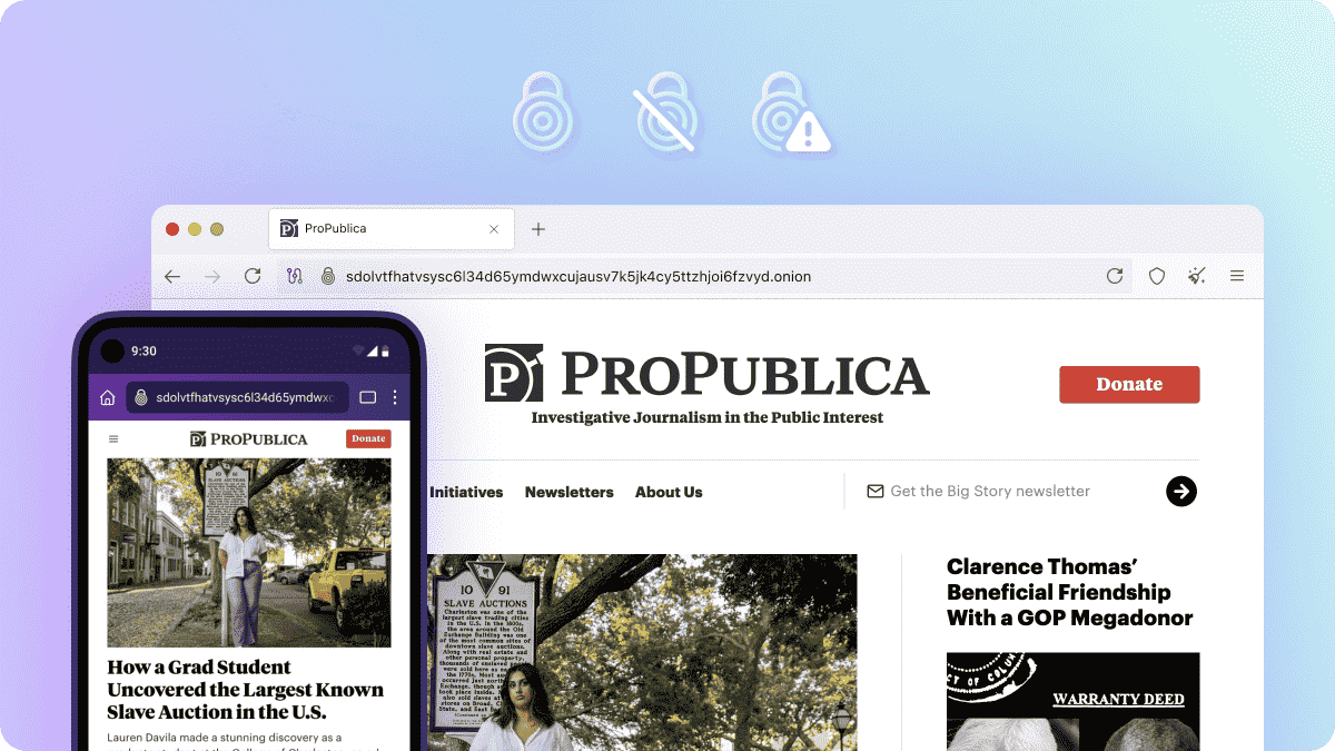 Capture d'écran du site en oignon de ProPublica dans le navigateur Tor pour ordinateur de bureau et Android